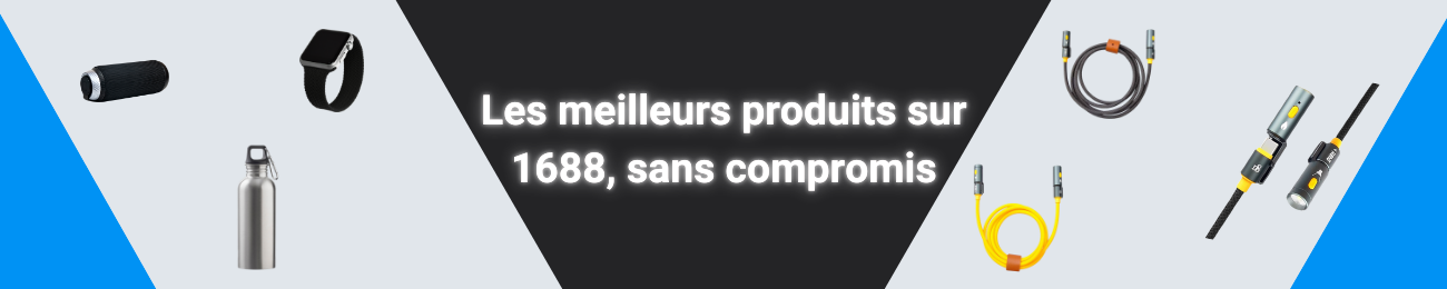 Bannière avec fond gris foncé et accents bleu vif, mettant en avant le texte 'Les meilleurs produits sans compromis'. Produits électroniques et accessoires disposés de manière symétrique pour un design moderne et structuré.